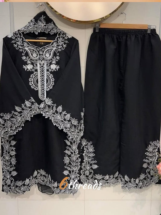 Premium Natural Crepe Sequence Embroidered Palazzo Suit Set | 3 Elegant Colors