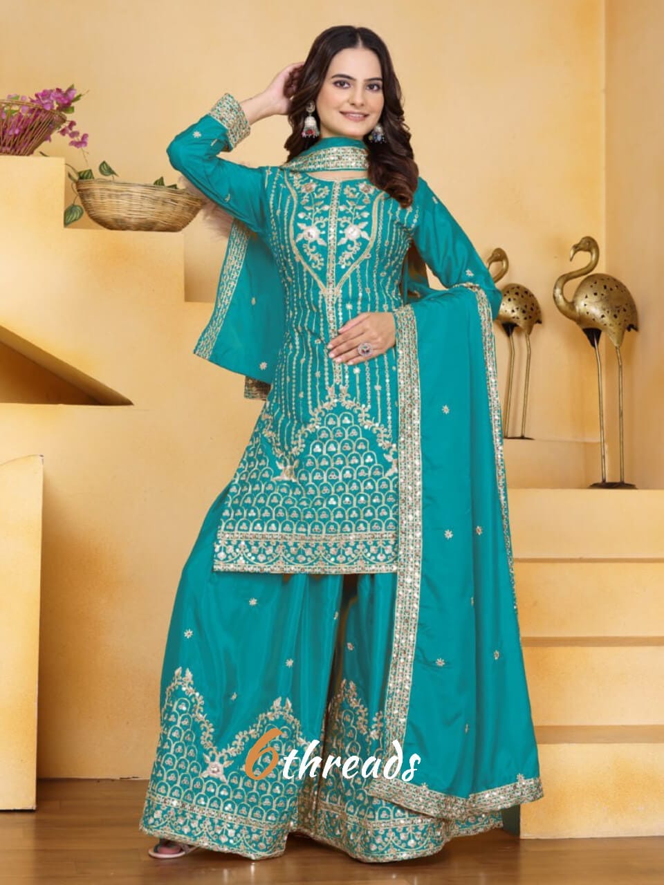 Premium Fox Georgette Long Kurti & Embroidered purple colour Pant Suit Set