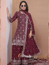 Premium Natural Crepe Sequence Embroidered maroon Sharara Suit Set
