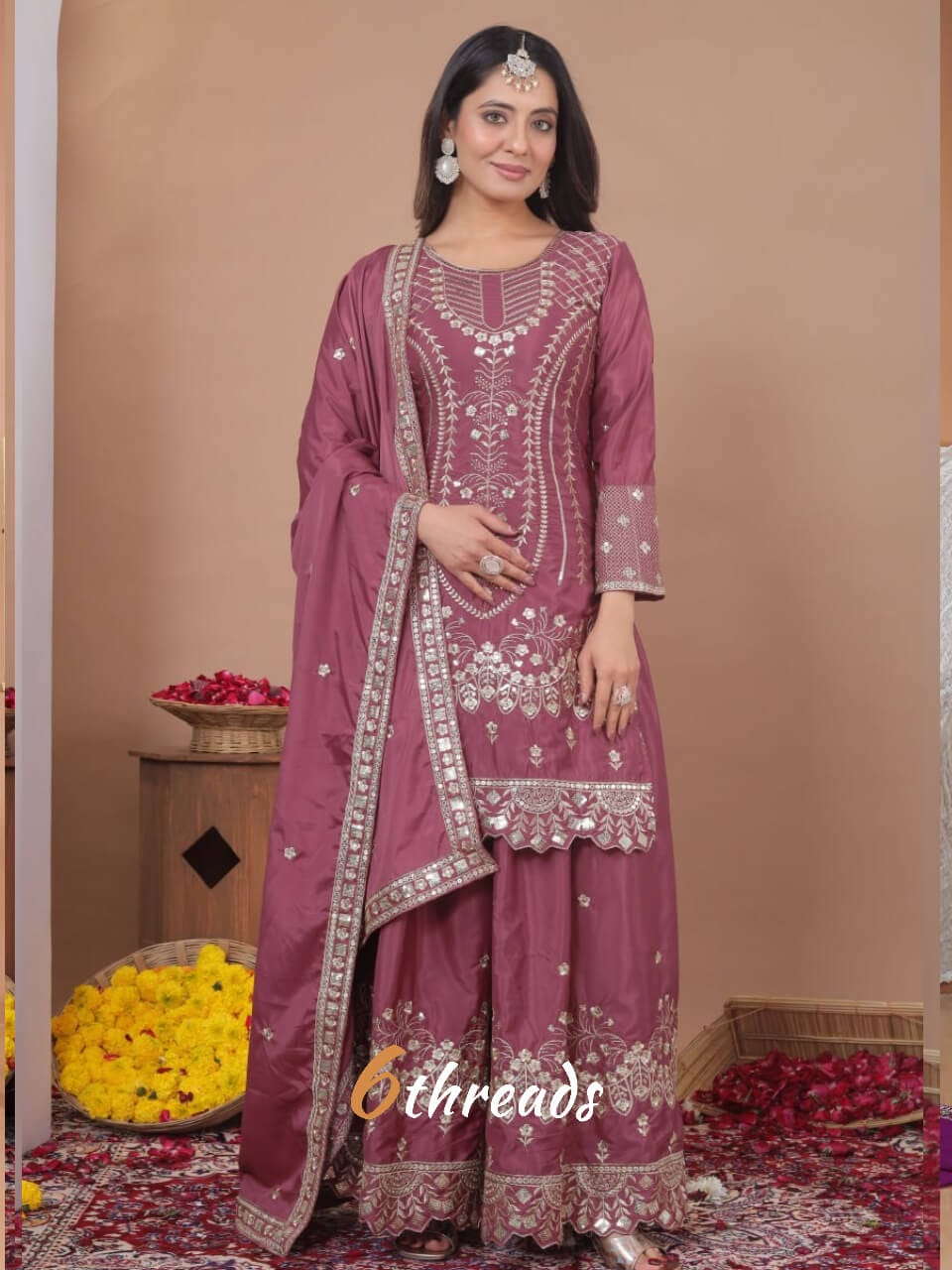 Premium Natural Crepe Sequence Embroidered onion pink Sharara Suit Set