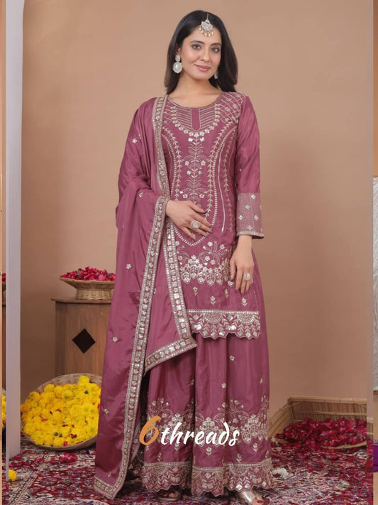 Premium Natural Crepe Sequence Embroidered onion pink Sharara Suit Set