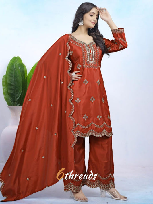 Premium Natural Crepe Sequence Embroidered orange colour Pant Suit Set