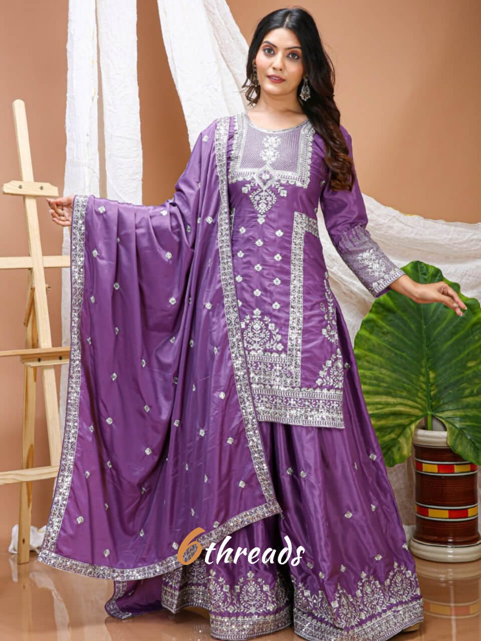 Premium Natural Crepe Sequence Embroidered purple Sharara Suit Set