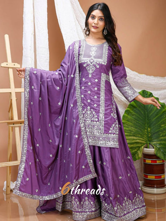 Premium Natural Crepe Sequence Embroidered purple Sharara Suit Set