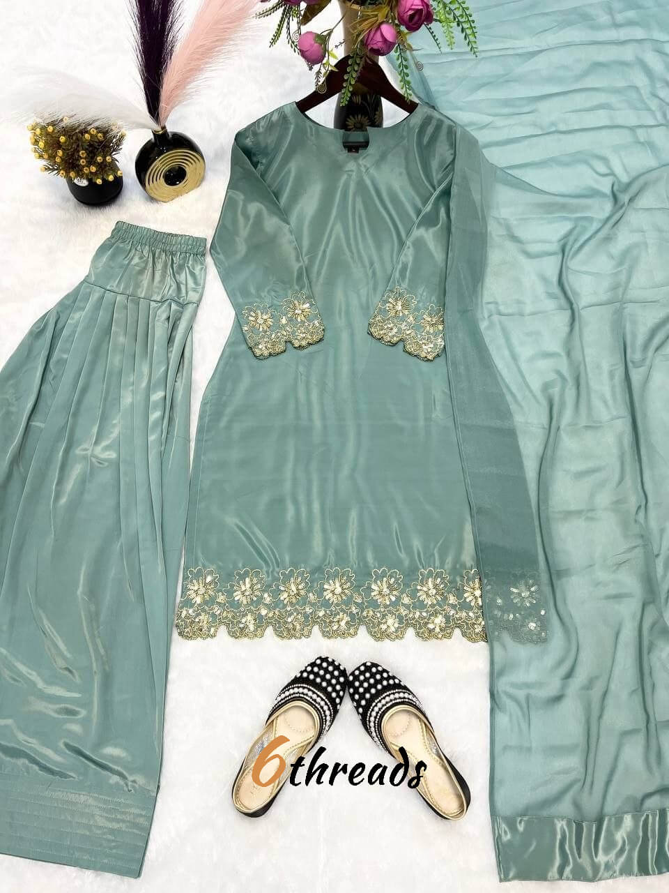 Premium Natural Crepe Silk Farshi Salwar Set with Beads Handwork & Zari