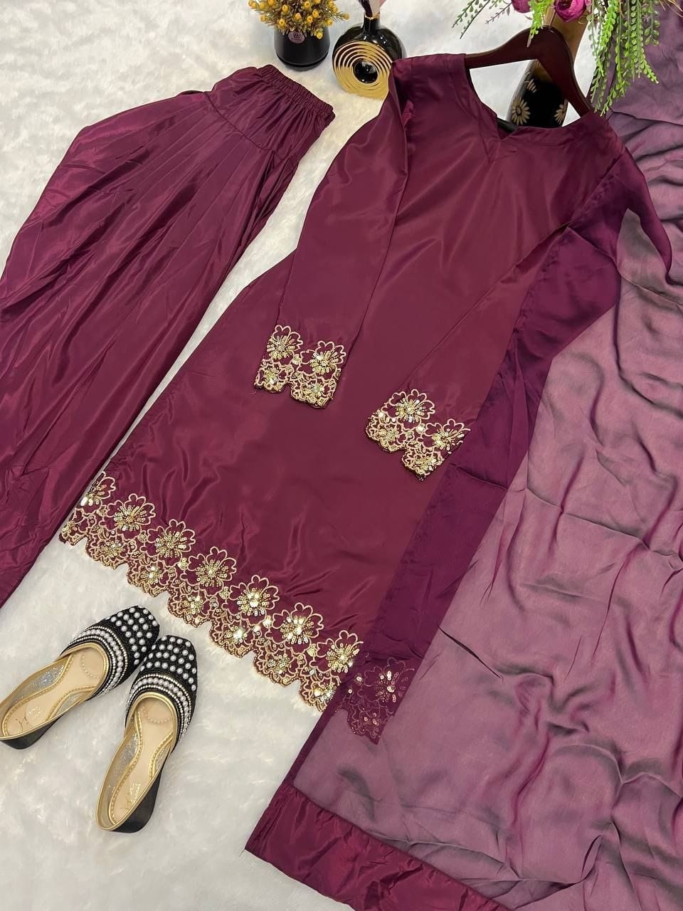 Premium Natural Crepe Silk Farshi Salwar Set with Beads Handwork & Zari