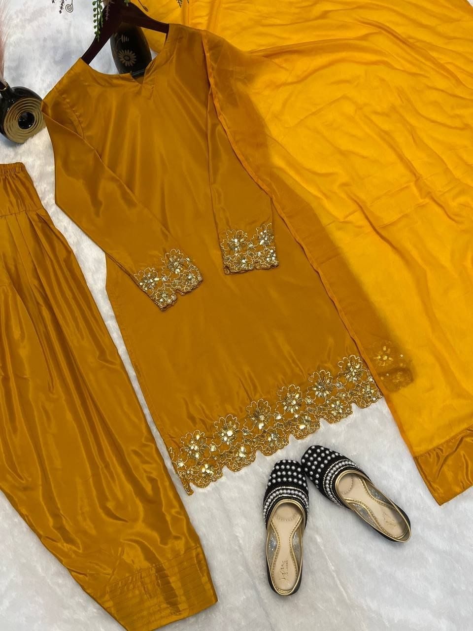 Premium Natural Crepe Silk Farshi Salwar Set with Beads Handwork & Zari