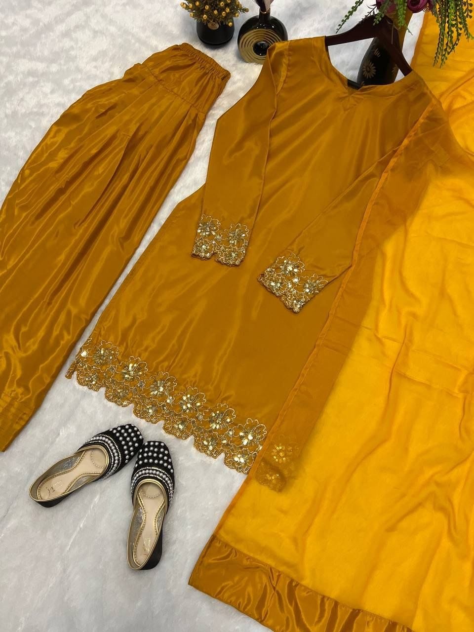 Premium Natural Crepe Silk Farshi Salwar Set with Beads Handwork & Zari