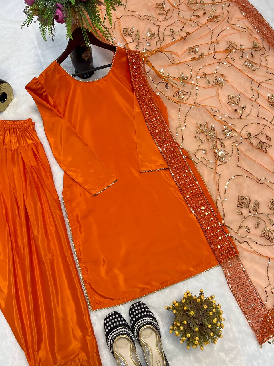 Premium Natural Crepe Silk Farshi Salwar Set with Heavy Sequence Net Dupatta