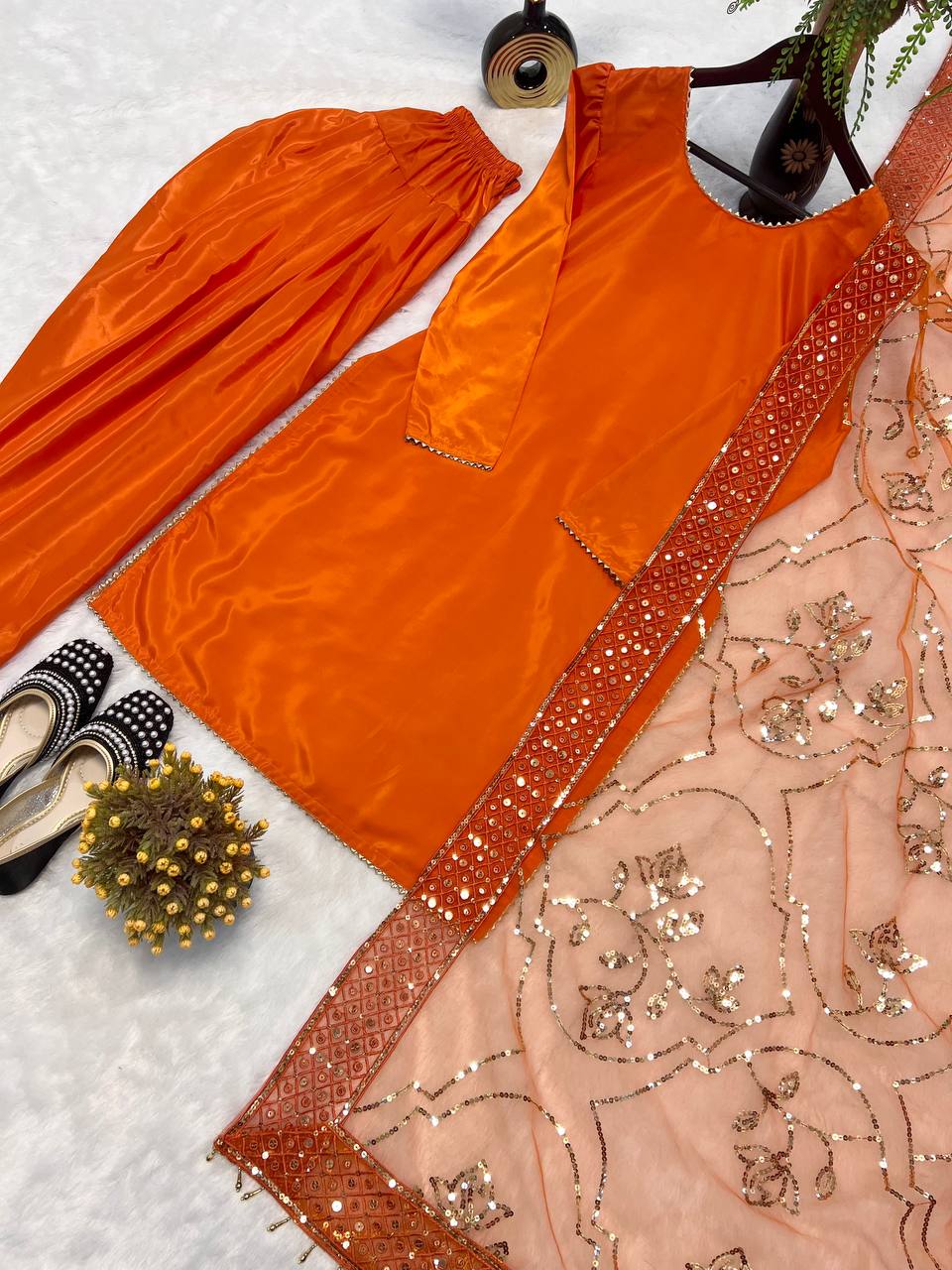 Premium Natural Crepe Silk Farshi Salwar Set with Heavy Sequence Net Dupatta