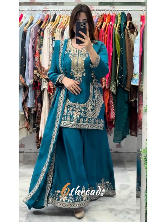 Premium Natural Crepe Silk Top & Flared Sharara Set with Moti Embroidery