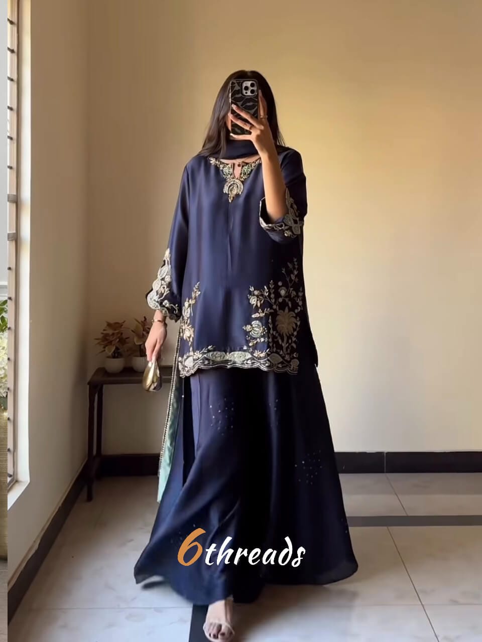 Premium Natural Crepe Silk Top & Kali-Cut Sharara Set with Rainbow Sequence & Handwork