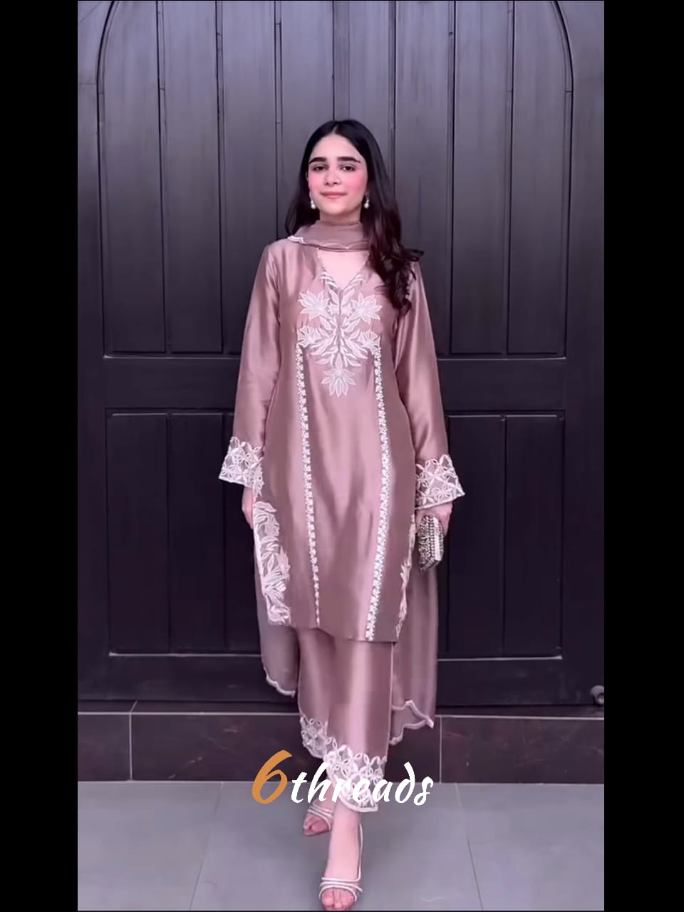 Premium Natural Crepe Silk Onion Pink Top & Pant Set with Moti Handwork & Organza Dupatta