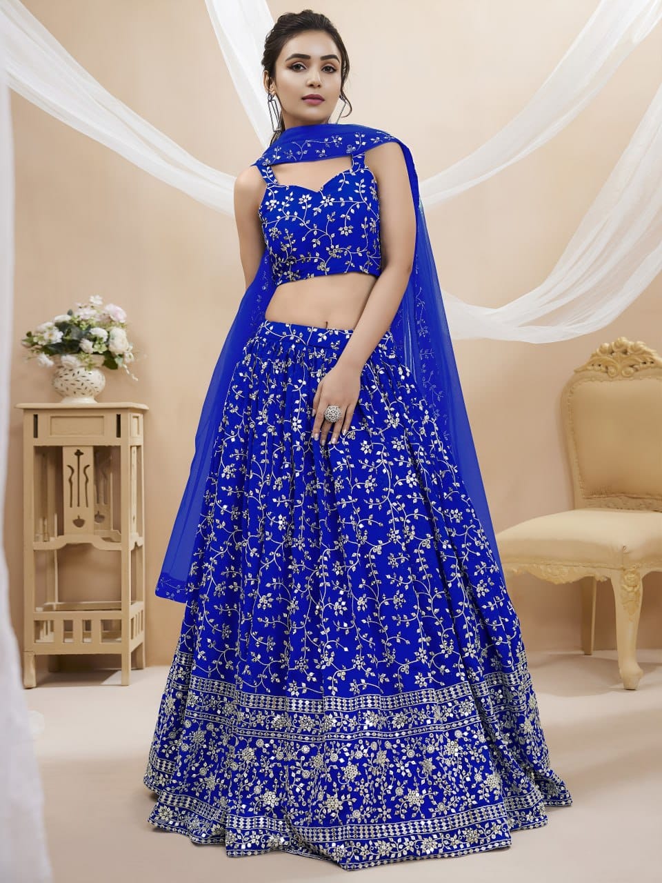 Premium Olive Enchantment Floral Georgette Lehenga Choli with Can-Can Layering & Net Dupatta