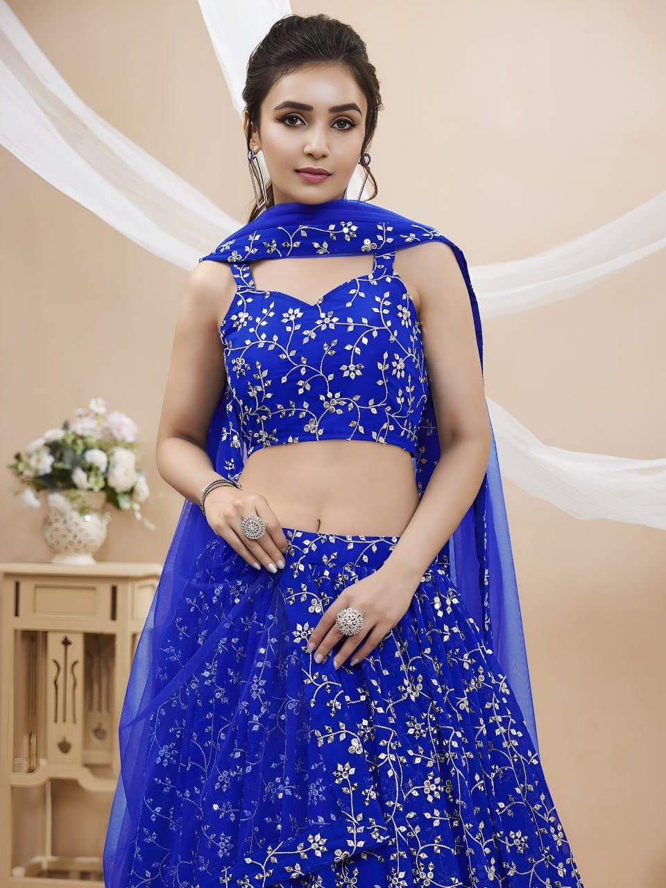 Premium Olive Enchantment Floral Georgette Lehenga Choli with Can-Can Layering & Net Dupatta