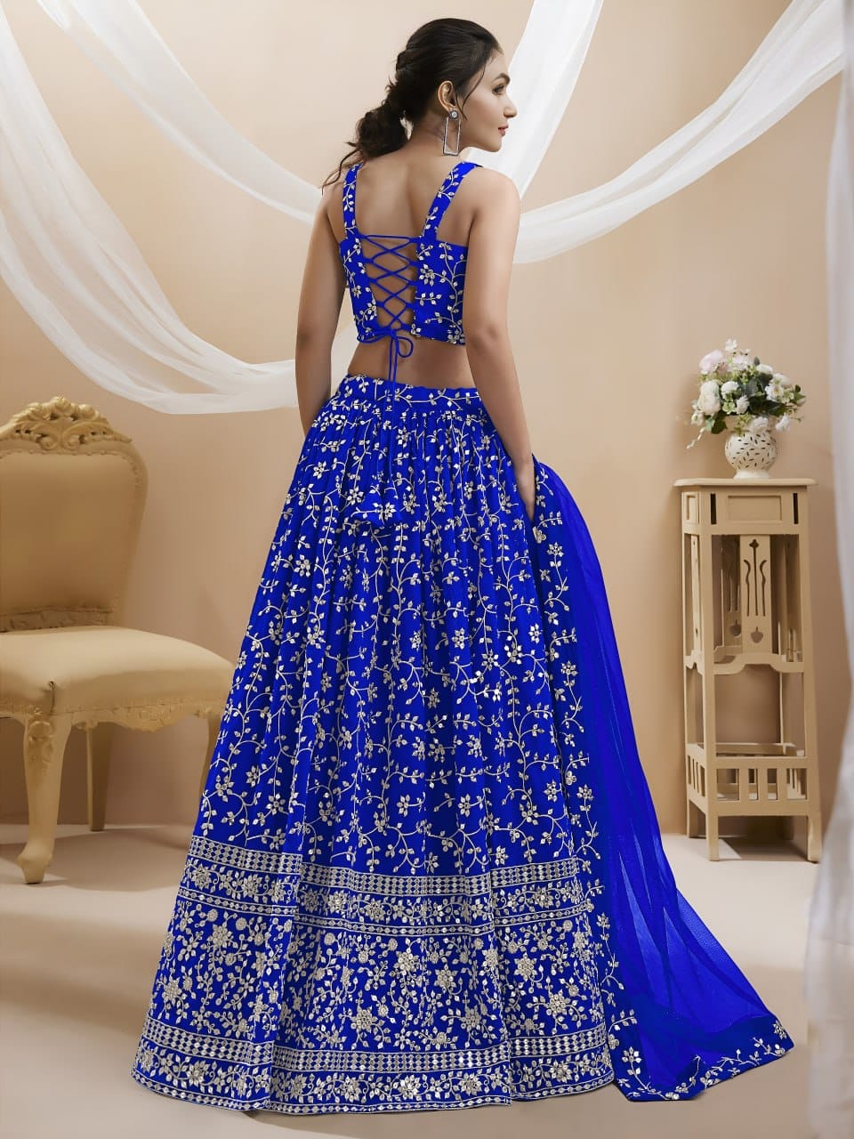 Premium Olive Enchantment Floral Georgette Lehenga Choli with Can-Can Layering & Net Dupatta