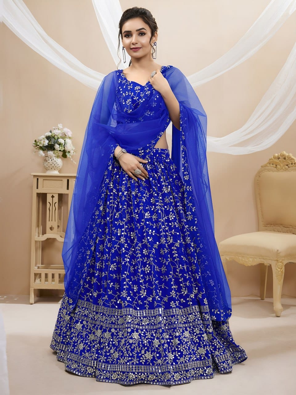 Premium Olive Enchantment Floral Georgette Lehenga Choli with Can-Can Layering & Net Dupatta
