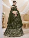 Premium Olive Enchantment Floral Georgette Lehenga Choli with Can-Can Layering & Net Dupatta