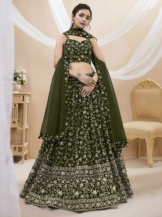 Premium Olive Enchantment Floral Georgette Lehenga Choli with Can-Can Layering & Net Dupatta
