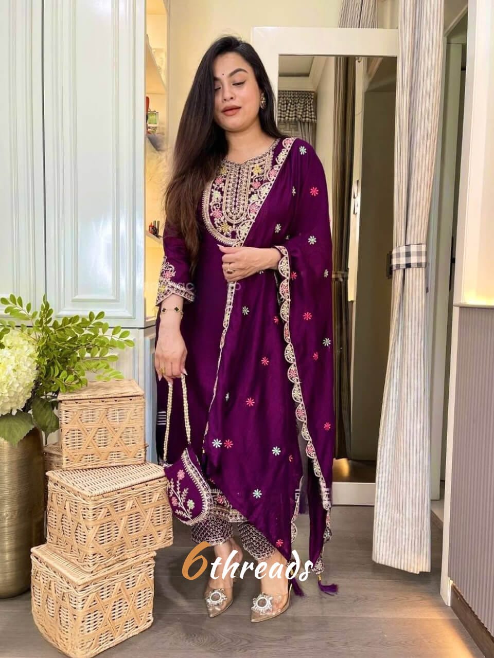 Premium Pure Chinon Silk Long Pakistani Suit & Pant Set with Sequence Embroidery