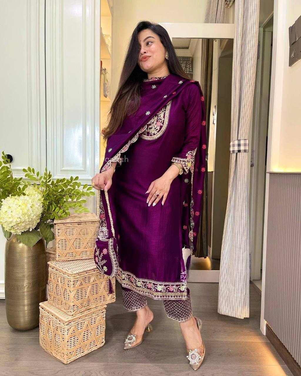 Premium Pure Chinon Silk Long Pakistani Suit & Pant Set with Sequence Embroidery