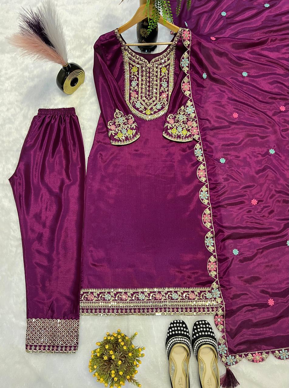 Premium Pure Chinon Silk Long Pakistani Suit & Pant Set with Sequence Embroidery