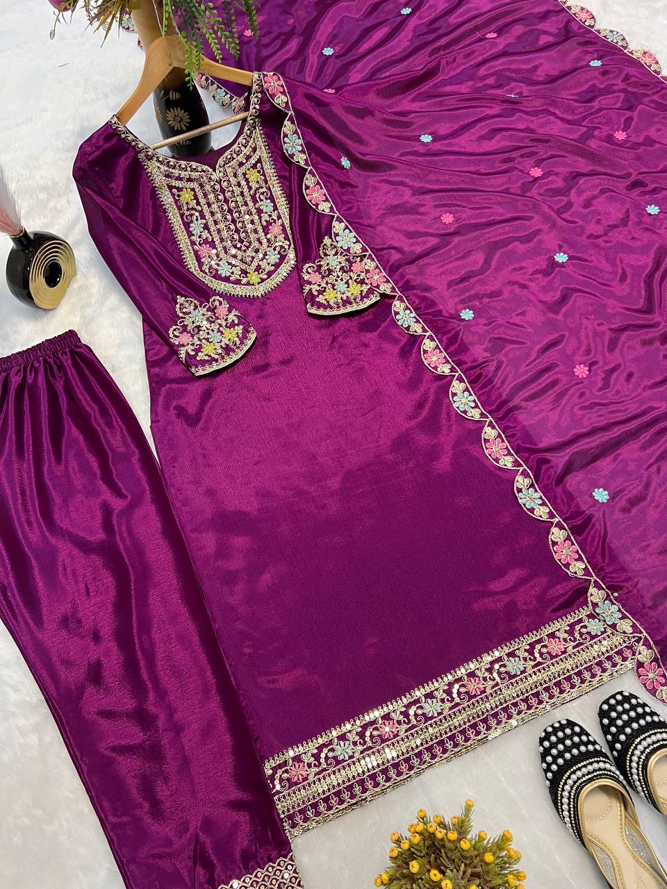Premium Pure Chinon Silk Long Pakistani Suit & Pant Set with Sequence Embroidery