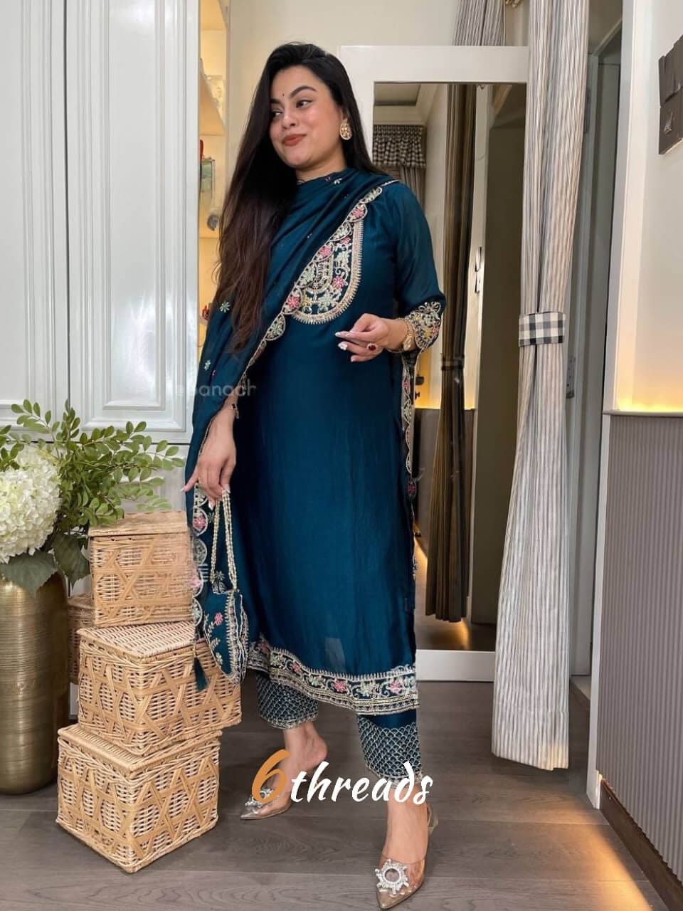 Premium Pure Chinon Silk Long Pakistani Suit & Pant Set with Sequence Embroidery