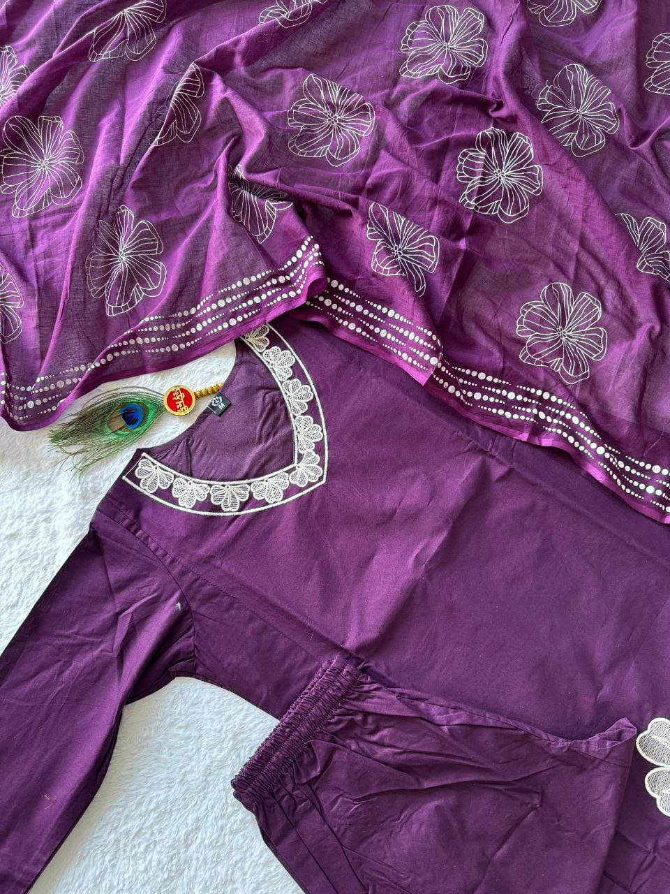 Premium Pure Cotton A-Line Embroidered Kurti Set with Hand Block Printed Mul Dupatta | Royal Purple