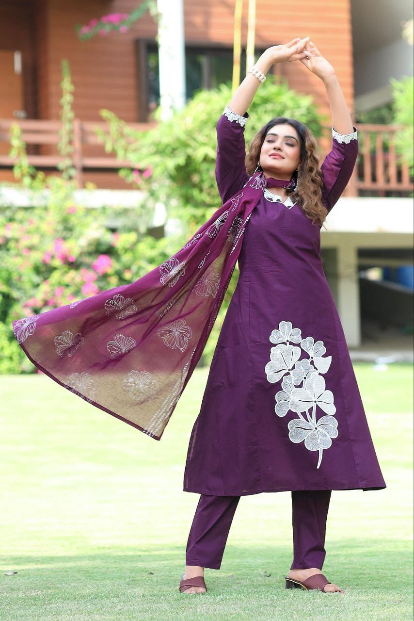 Premium Pure Cotton A-Line Embroidered Kurti Set with Hand Block Printed Mul Dupatta | Royal Purple