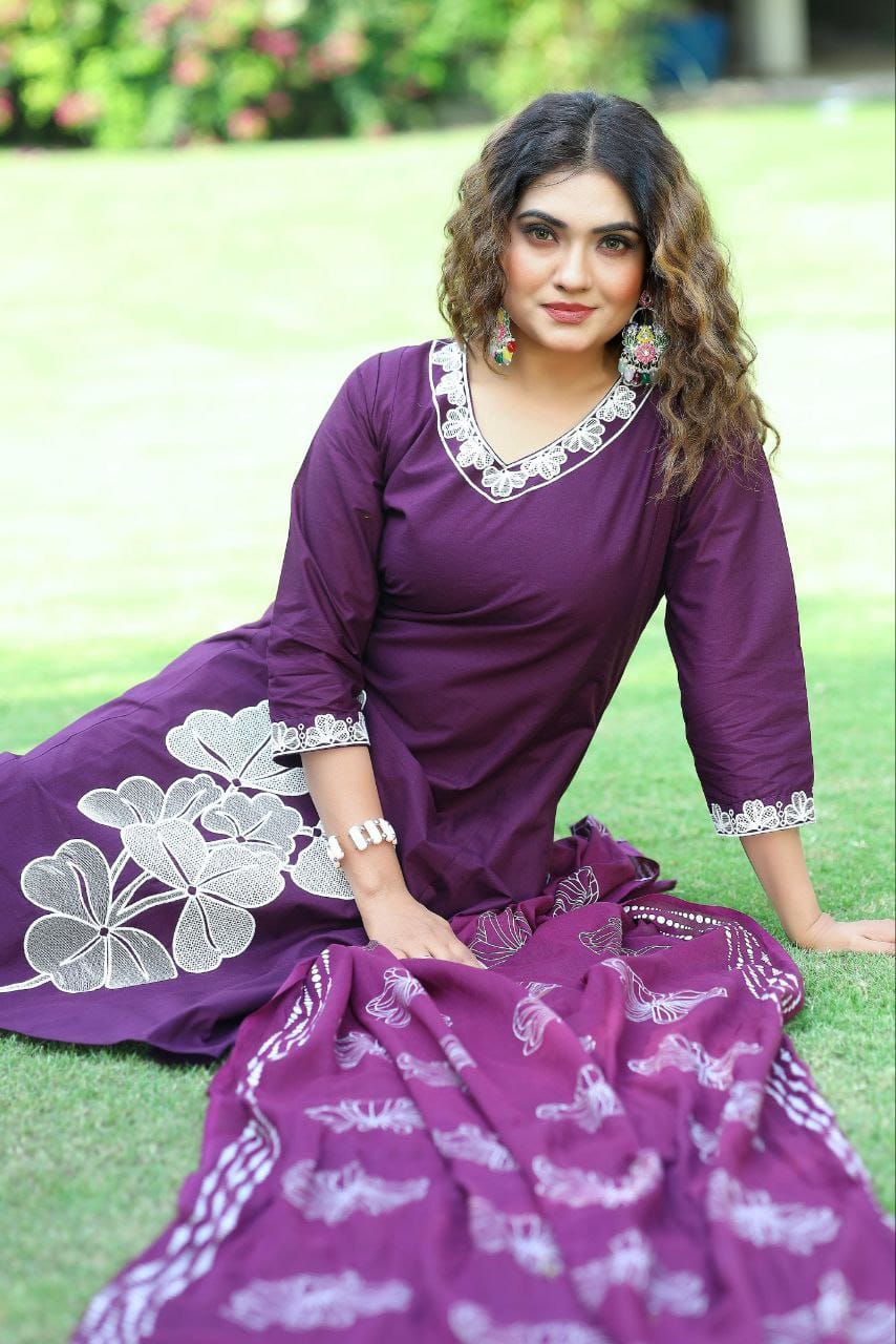 Premium Pure Cotton A-Line Embroidered Kurti Set with Hand Block Printed Mul Dupatta | Royal Purple