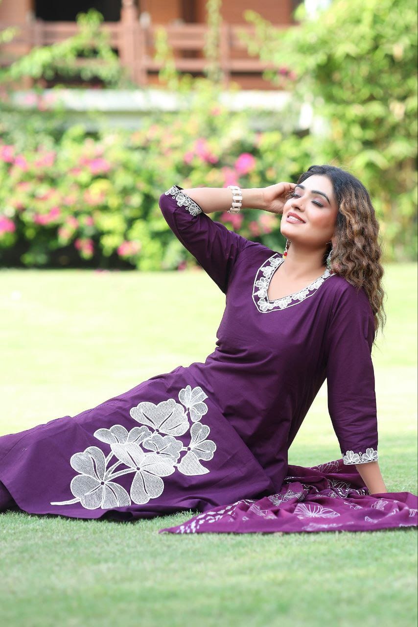 Premium Pure Cotton A-Line Embroidered Kurti Set with Hand Block Printed Mul Dupatta | Royal Purple