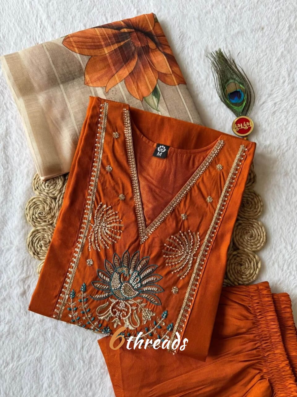 Premium Roman Silk Embroidered orange colour Kurti Pant Set with Chanderi Jacquard Dupatta