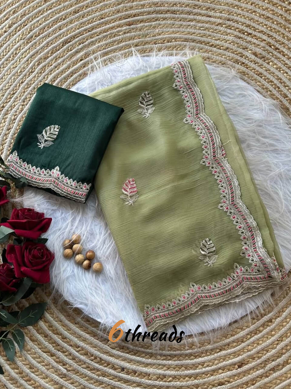 Premium Cream Shimmer Saree with Embroidery & Unstitched Red Woven Blouse