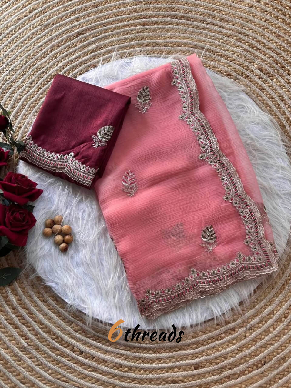 Premium Cream Shimmer Saree with Embroidery & Unstitched Red Woven Blouse