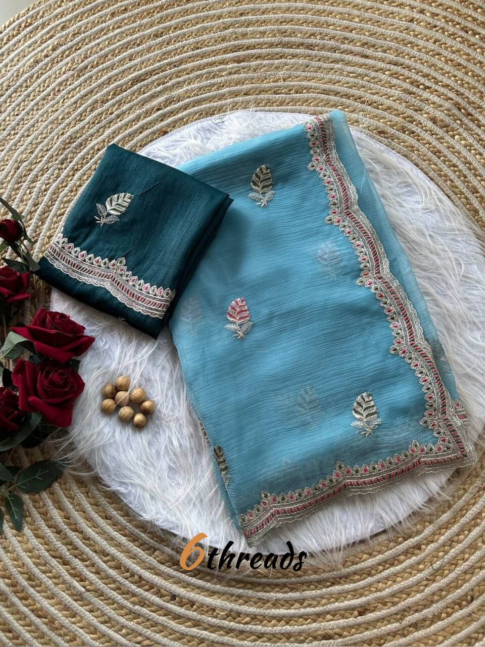Premium Cream Shimmer Saree with Embroidery & Unstitched Red Woven Blouse