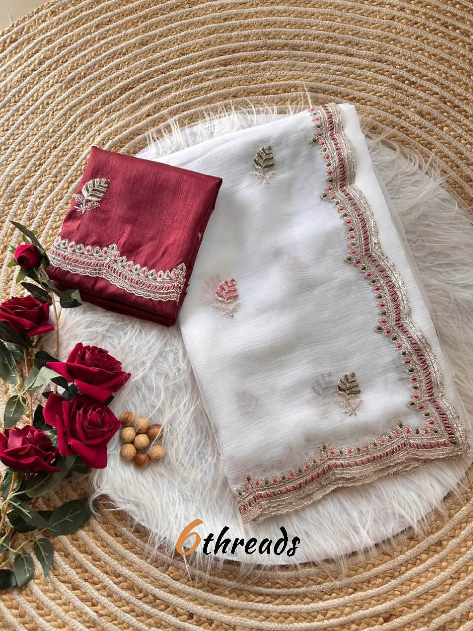 Premium Cream Shimmer Saree with Embroidery & Unstitched Red Woven Blouse
