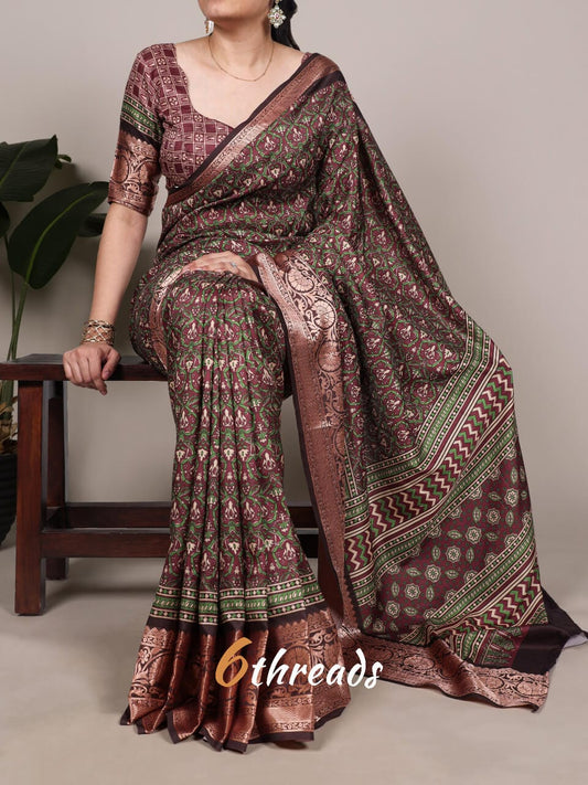 Premium Tasar Silk Heritage Saree with Designer Prints & Viscose Border