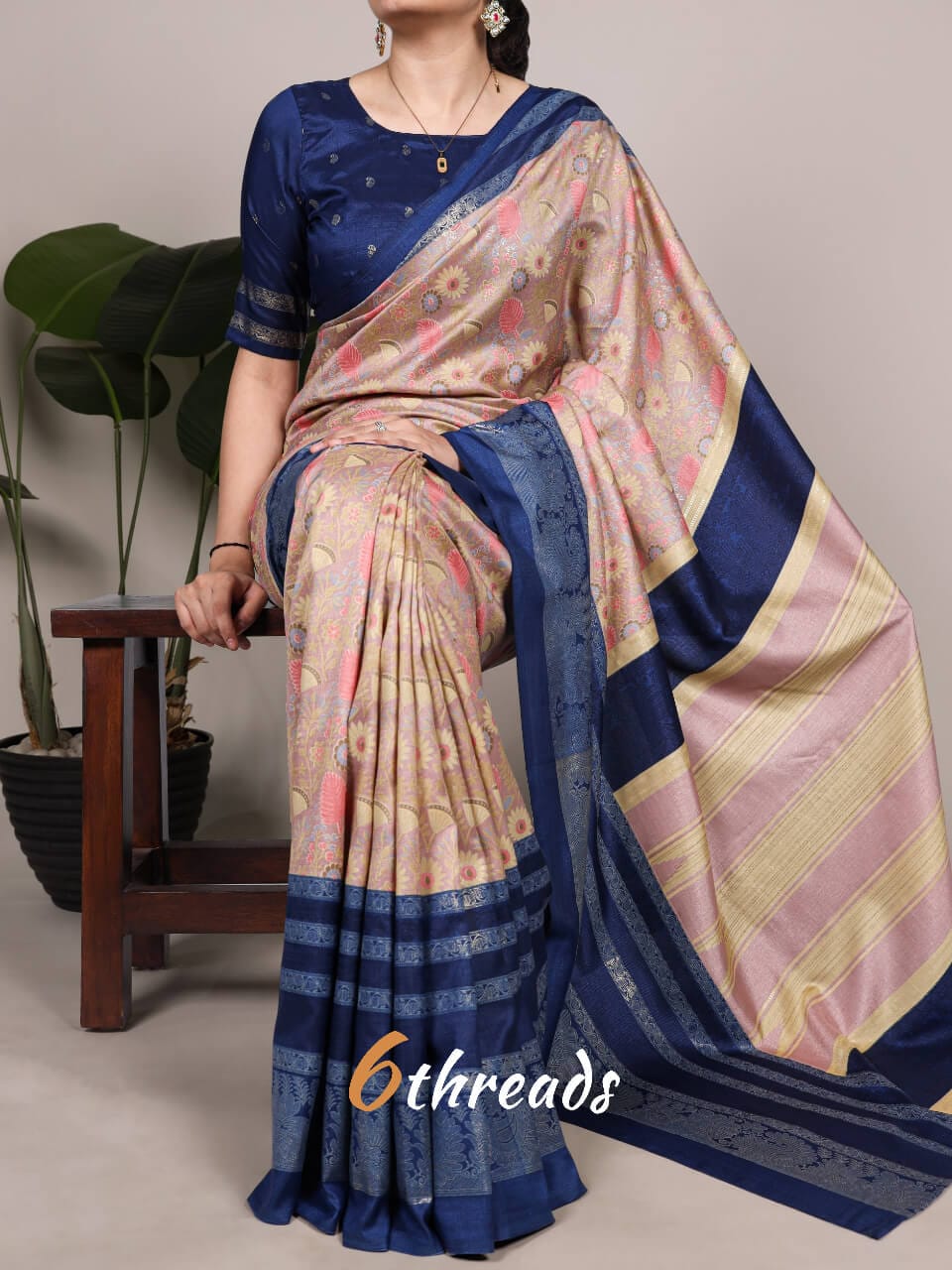 Premium Tasar Silk Saree with Floral Print & Foil Work