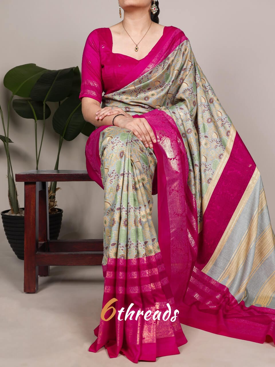 Premium Tasar Silk Saree with Floral Print & Foil Work