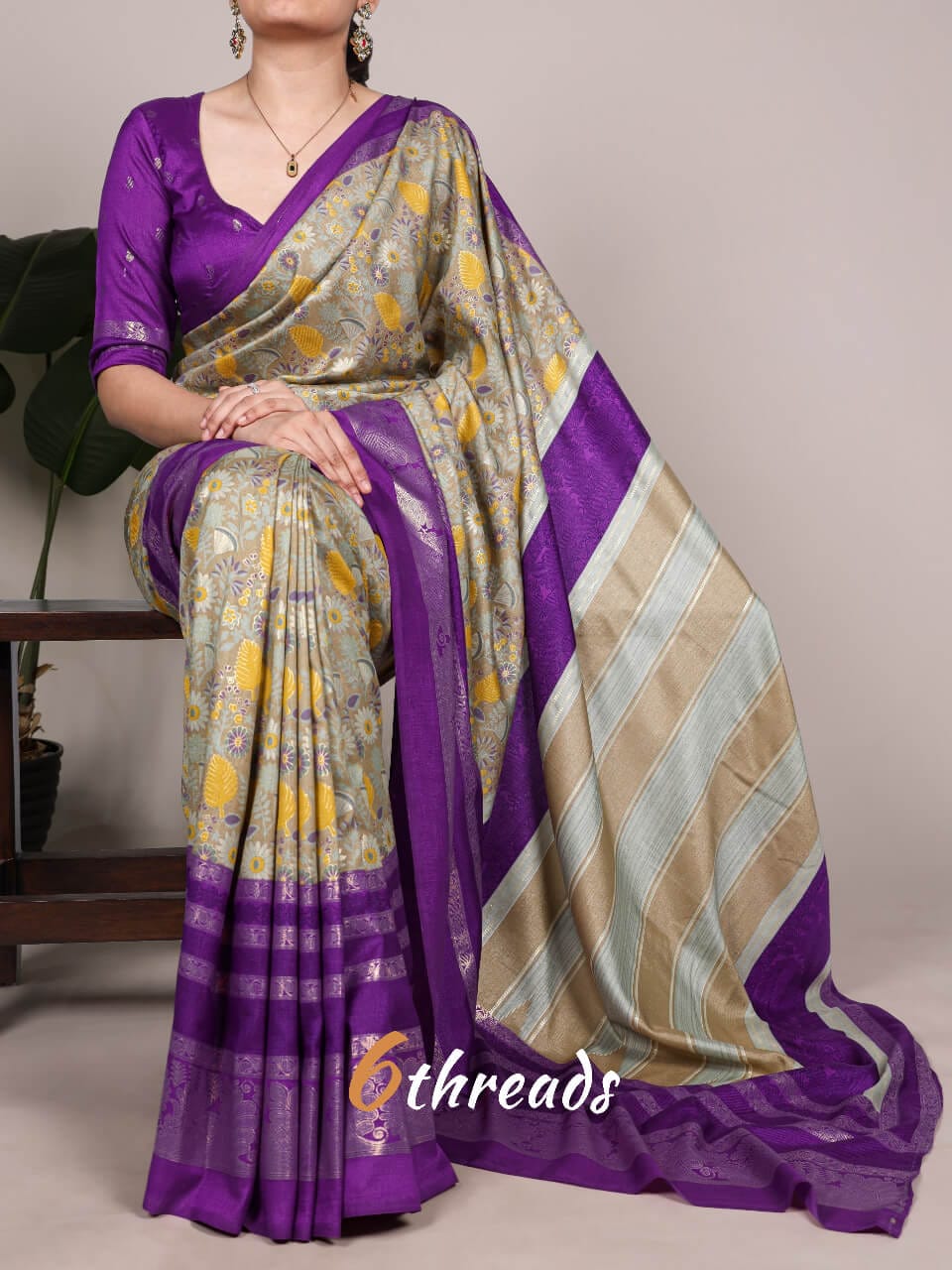 Premium Tasar Silk Saree with Floral Print & Foil Work