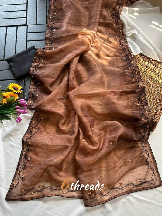 Premium Pure Organza Handwork Saree with Pearl Embellishments & Unstitched Black Raw Silk Blouse