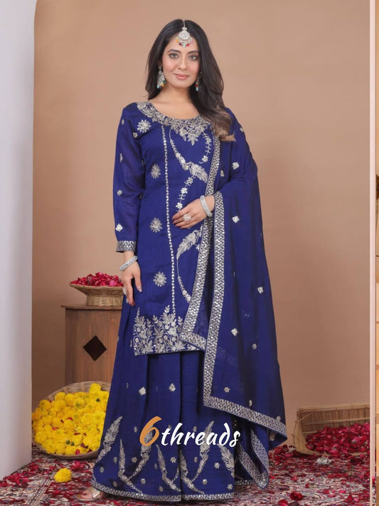 Premium Vichitra Blooming Sequence Embroidered blue colour Sharara Suit Set