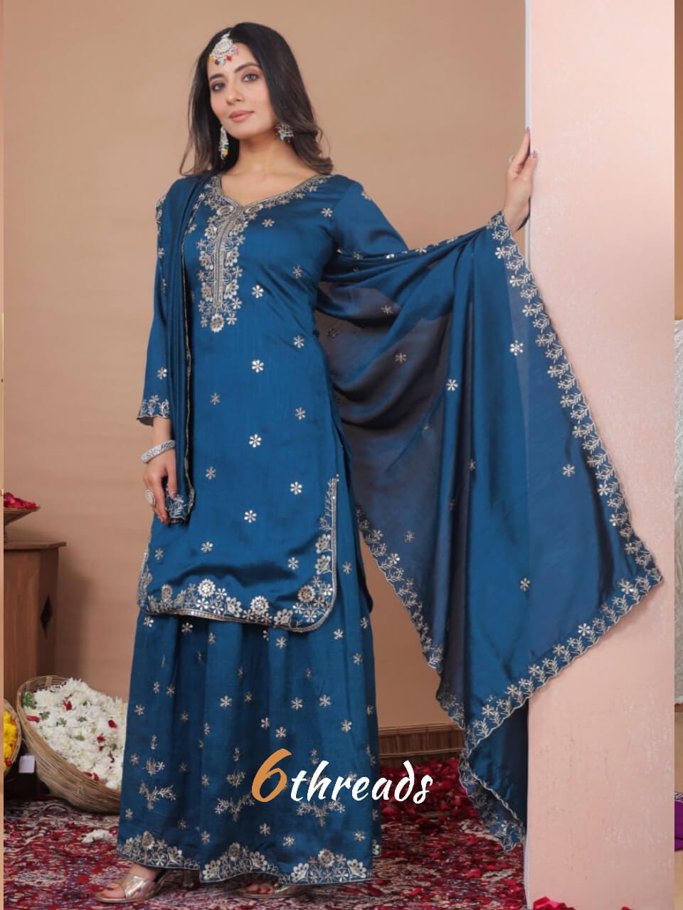 Premium Vichitra Silk Sequence Embroidered Prussian Blue Sharara Suit Set