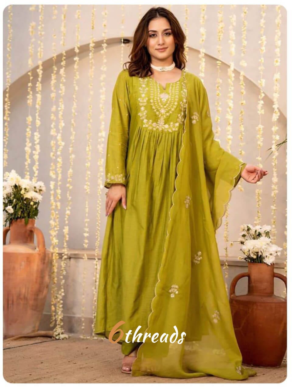 Premium Vichitra Silk parrot green colour Flared Kurta Set | Exquisite Embroidery with Designer Organza Dupatta