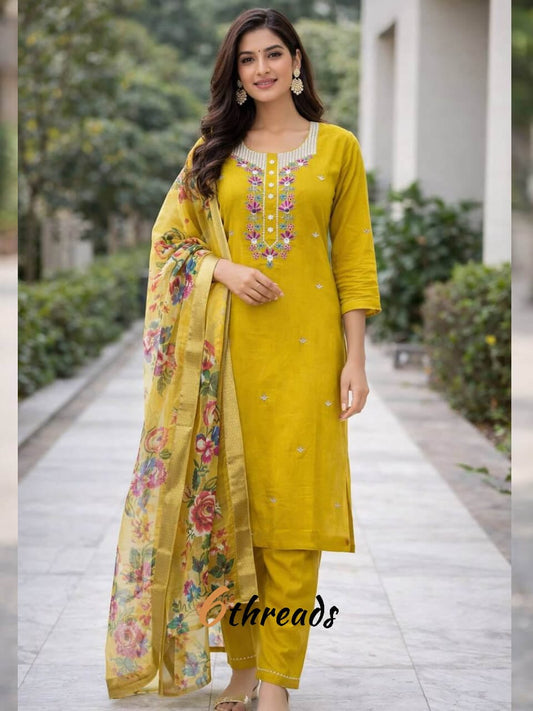 Premium Viscose Roman Silk yellow colour  Suit Set | Intricate Hand Embroidery & Organza Jacquard Zari Dupatta