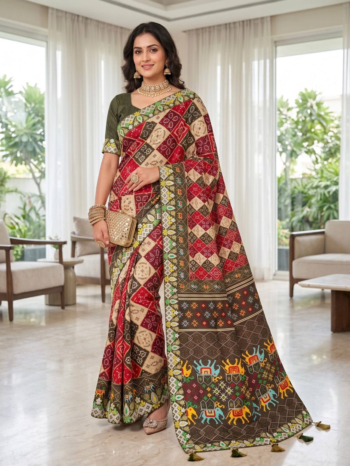Premium Soft Vichitra Silk Designer Patola Print Saree with Floral Embroidered Border
