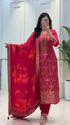 Premium Banarasi Silk Festive Suit, Pant, Dupatta & Pearl Bracelet Set