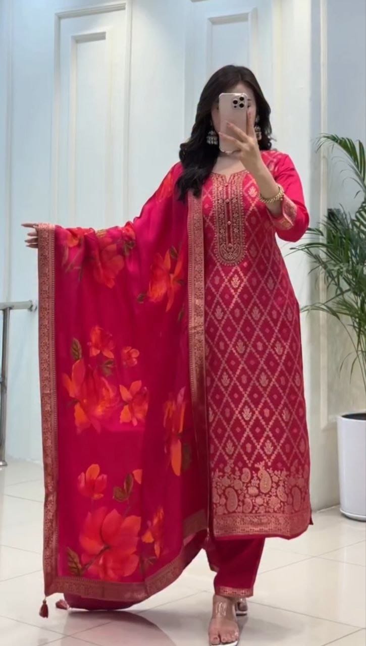 Premium Banarasi Silk Festive Suit, Pant, Dupatta & Pearl Bracelet Set
