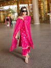 Premium Berry Silk Festive Embroidered Kurti, Pant & Dupatta Set